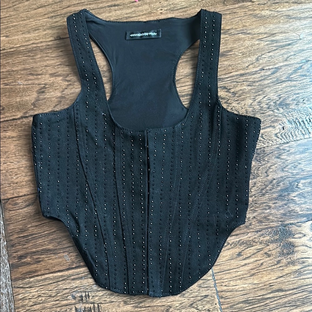 BLACK DENIM RHINESTONE CORSET!